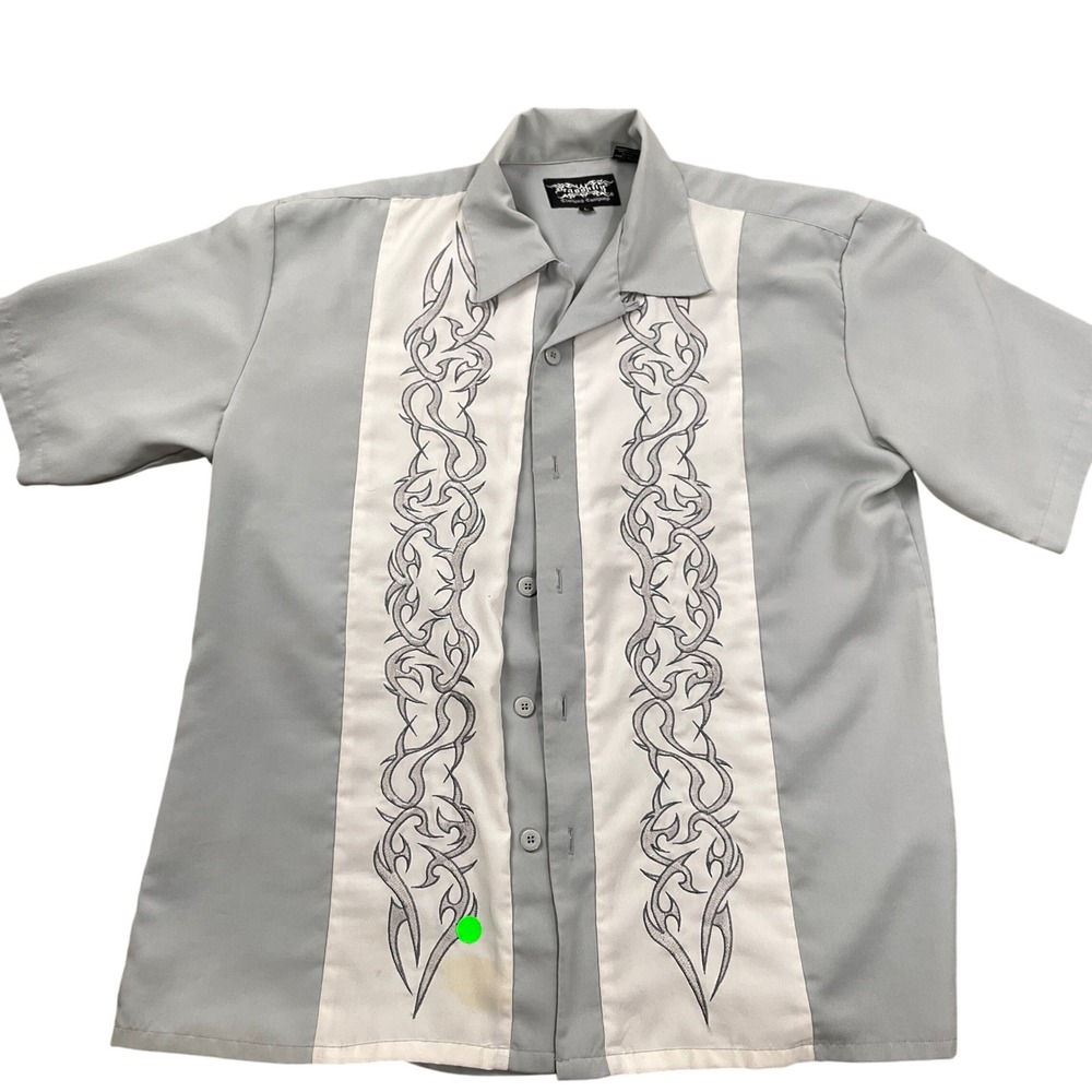 Dragonfly Clothing Shirt Mens Gray Tribal Embroidered Resortwear Tropical VTG‎